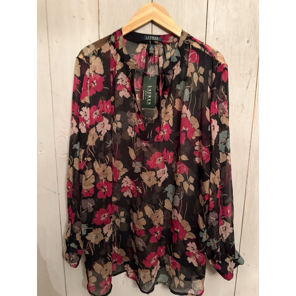 RALPH LAUREN Black Sheer Georgette Floral Split Neck Boho Tunic Top 3X NWT
